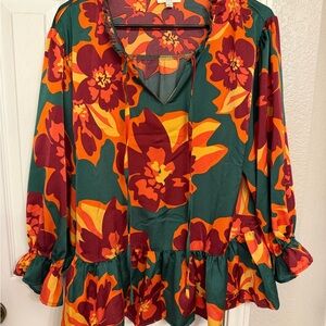 Umgee Green and Orange Floral Blouse